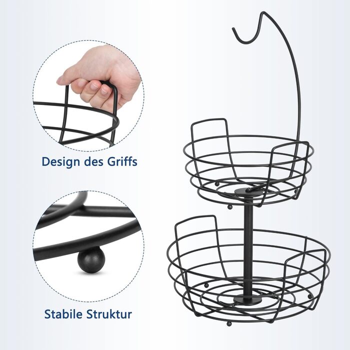 Металева підставка для фруктів та овочів на 2 яруси з гачком для бананів - чорна