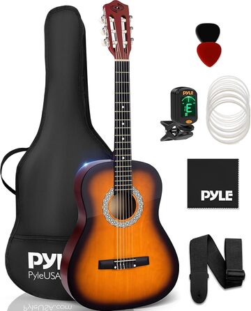 Акустична гітара Pyle для дітей та початківців, ½ розміру, з аксесуарами (сумка, тюнер, медіатор), чорний матовий сонцевий бьорст, 91 см