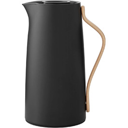 Stelton Coffee Insulated Carafe Emma - Stainless Steel Thermos Insert, Double-Walled Insulated - Thermos/Coffee Pot/Tea Pot with Beechwood Handle, Easy-Click Lid - 1.2 Liter, Glossy Finish, Matte Black
