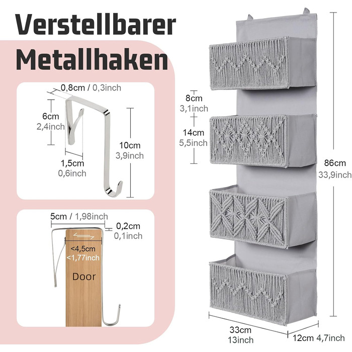 Органайзер для дверей з 4 кишенями, Бохо декор, настінна полиця-органайзер з 2 гачками, для спальні, дитячої кімнати, ванної (4 кишені-сірий)