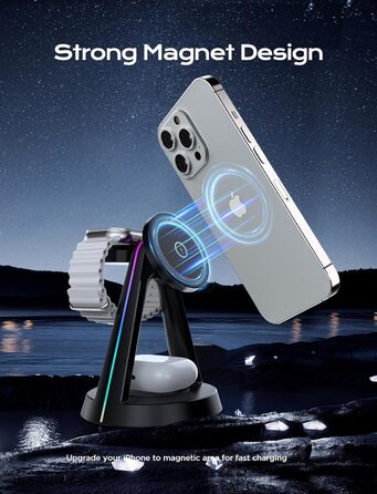 Бездротова зарядна станція 3-в-1 MagSafe OneCut з RGB підсвіткою 15W для iPhone 16/15/14/13/12 Pro Max/Plus, Apple Watch Ultra/8/7/6/SE та AirPods Pro/3/2