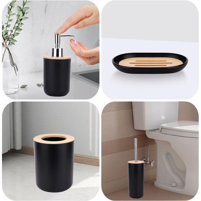 Bathroom Accessories Set - 6Pcs Bathroom Accessories Set made of Bamboo, Lotion Bottles, Toothbrush Holder, Tooth Cup, Soap Dish, Toilet Brush, Trash Can (Set of 6)