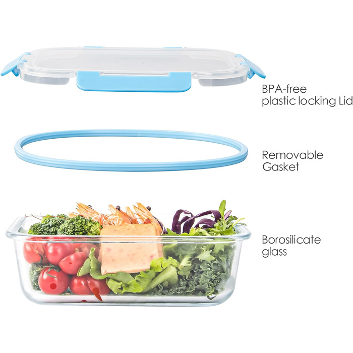 Набір з 10 скляних контейнерів для зберігання продуктів, з кришкою, BPA-Free, підходить для мікрохвильової печі, морозильника та посудомийної машини (блакитний)