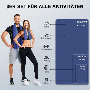 Набір рушників з мікрофібри, швидковисихаючих, 3 шт. (180x90см, 80x40см, 50x30см) для подорожей, спорту, пляжу, блакитний