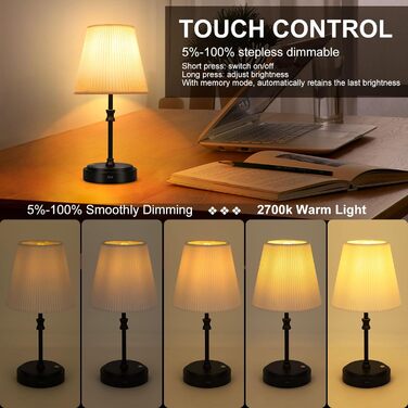 Настільна лампа на акумуляторі, бездротова LED лампа з USB-C 6000 mAh, 3 режими димування, для спальні, ліжка, їдальні, бару, чорного кольору
