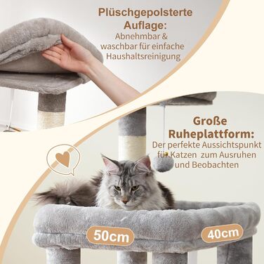 Драбина для котів Heybly, 180 см, велика з надміцною основою, XL-платформа, великий будиночок для котів, 2 гамаки, багатоярусні котячі меблі для Мейн-кунів та інших великих котів, сірий колір HCT037W