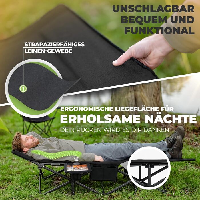 NORDICTRAILS Кемпінгове ліжко NORDICTRAILS - розкладне, XXL, зручне | Для відпочинку на природі, як гостьове ліжко, для риболовлі | З суперм'яким матрацом (без матрацу, чорне)