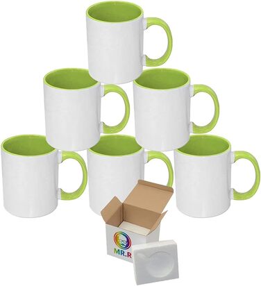 MR.R Set of 6 Sublimation Blanks, 334 ml, Dishwasher-Safe Ceramic Coffee Mugs, Green Color, Interior Cup and Handle, Drinking Cup for Milk, Tea, Cola, Water
