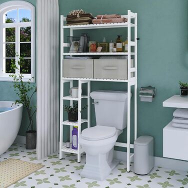 SMIBUY Over The Toilet Storage, 6-Tier Bamboo Bathroom Shelf with Drawers, Freestanding Over the Toilet Organizer Rack, Ample Storage, Space Saver for Small Spaces (Natural) (White)