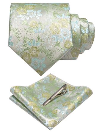 Чоловіча краватка та хустинка JEMYGINS з квітковим принтом, комплект з затискачем для краватки (Світло-зелений/Яскраво-зелений)