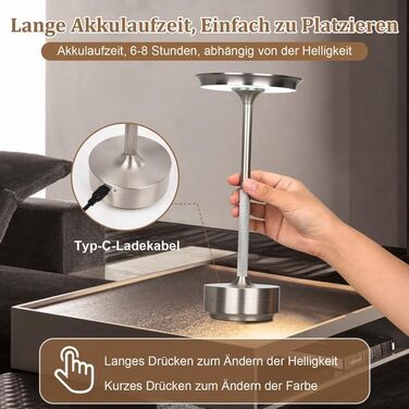 Бездротова LED лампа Rosnek: регульоване освітлення, 3 колірні температури, USB-C, срібло