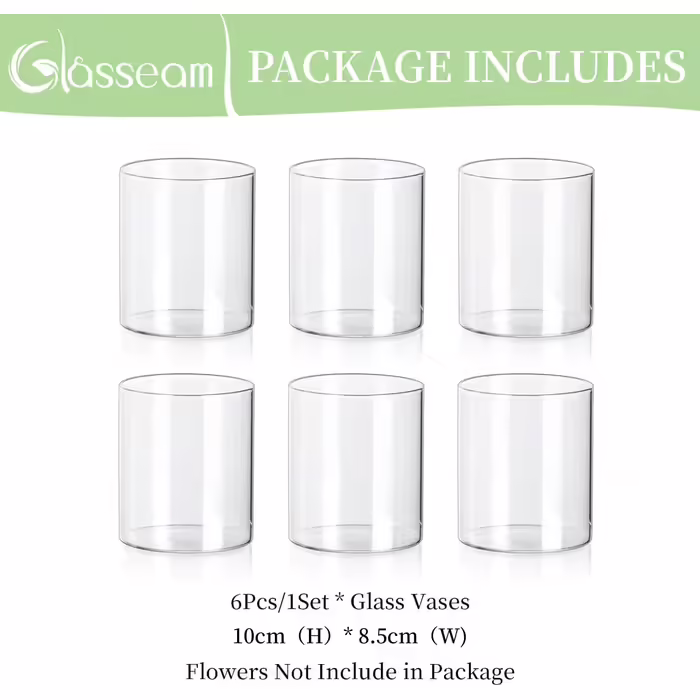Glasseam Glass Cylinder Vase Small Vases for Table Decoration, Clear Flower Vase Modern Glass Vases Piece, 10 x 8.5 cm Flower Vases Glass Cylinder Candle Holders Table Vase for Living Room Wedding Decoration (6, 10cm)