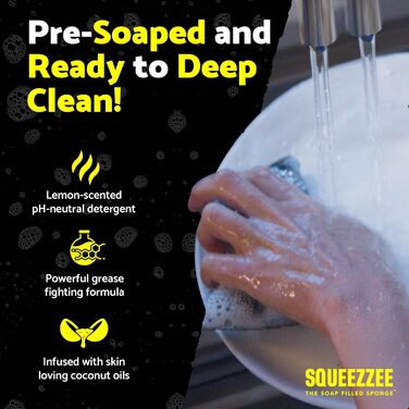 Squeezzee Soap-Filled Sponges – Scratch-Resistant Scrub Sponge with Built-in Dish Soap – Double-Sided Kitchen and Household Cleaning Sponges – Up to 300 Washes Per Sponge – 6 Pack