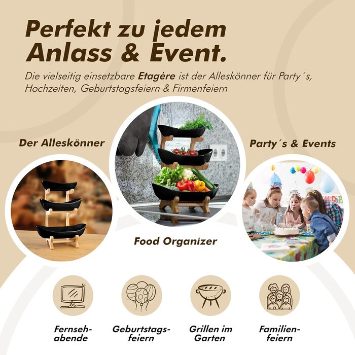 Керамічна фруктова тарілка на 3 яруси з бамбуковою підставкою, чорна | Obst Etagere