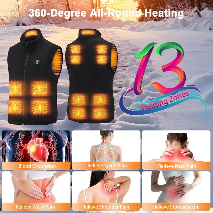 Обогреваемый жилет с аккумулятором 27000mAh 7.4V флисовый жилет, электрический жилет с 13 зонами нагрева, 3 режима температуры, мужской/женский, XL, глубокий черный