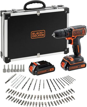 Акумуляторний дриль-шуруповерт BLACK+DECKER 18V з 2 акумуляторами 1.5Ah, швидкою зарядкою та 80 аксесуарами в кейсі