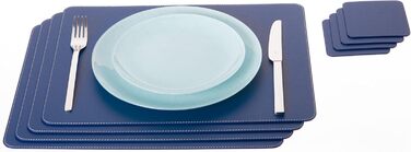 Placemats and Coasters (Set of 4) made from recycled leather, 4 placemats and 4 coasters, table mats, placemats 40 x 30 cm and coasters 10 x 10 cm (40 x 30 cm, Blue)