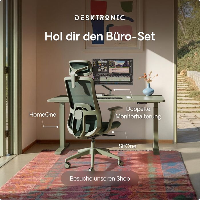 Електричний регульований стіл Desktronic HomeOne 120x60 см з підняттям, білий + зелений, з USB-A та USB-C портами для зарядки, сенсорне керування