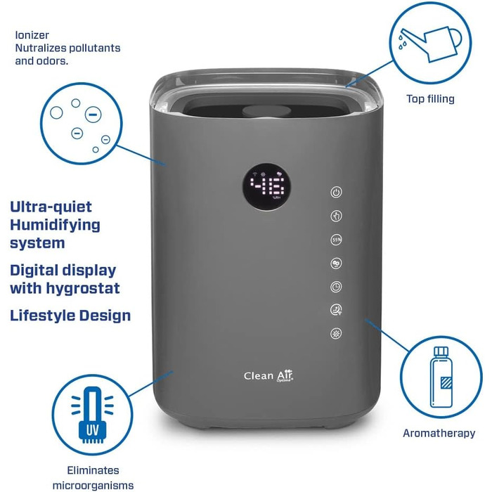 Зволожувач повітря з UVC-стерилізацією, іонізатором та ароматерапією Clean Air Optima CA-605 Smart Top Filling (Титан)