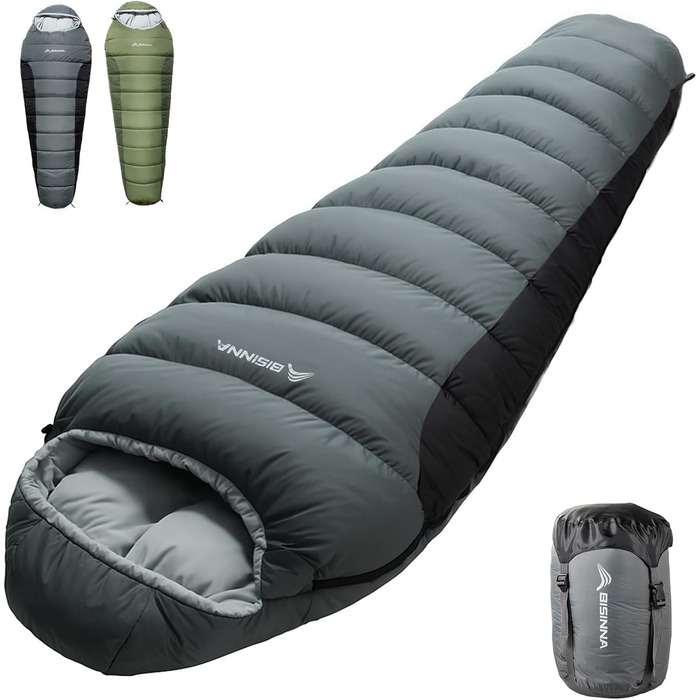 Сплячий мішок BISINNA Mumienschlafsack -10°C - 5°C [400GSM] для туризму, кемпінгу та подорожей, сірий