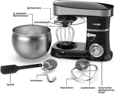 Кухонна машина з чашею 6л з нержавіючої сталі, міксер для тіста з Flexi-мішалкою, гаком для тіста та вінчиком, 6 швидкостей, 1500 Вт