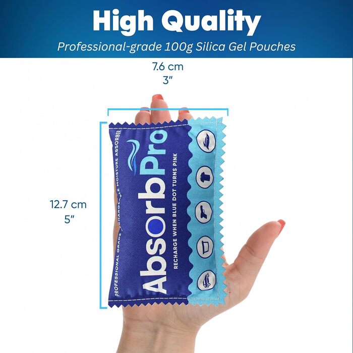 Absorb Pro Rechargeable Moisture Absorber Bags, 10 Pack, 100g, Reusable Moisture Absorbers, Silica Gel Packets for Trash Cans, Gym Bags, Gun Safes, Food Storage