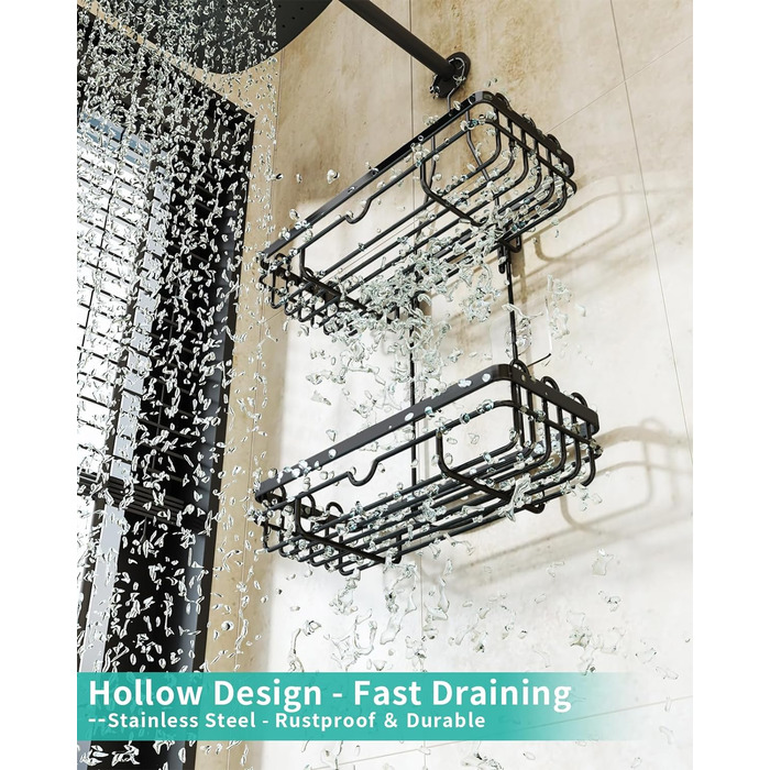 HapiRm Shower Shelf for Hanging with Razor Holder & Soap Holder, Hanging Shower Shelf with Multiple Hooks - High-Quality Hanging Shower Basket Stainless Steel No Drilling, Black