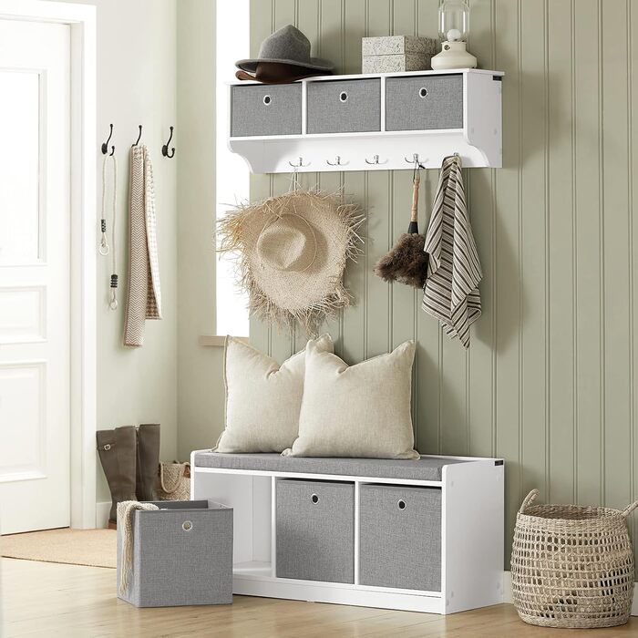 SoBuy FSR65-DG Storage Ottoman Bench, Shoe Bench with Seating Area, Shoe Chest with 3 Gray Baskets, White, WxDxH approx.: 102x45x32cm, 3 Baskets White