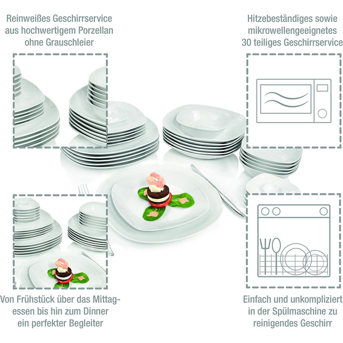 SÄNGER | Bilgola White Tableware Set, 30-Piece Porcelain Dinnerware Set for 6 People, Round Design Plate Set, Dinner Plates | PREMIUM COLLECTION Tableware Set 30 pcs