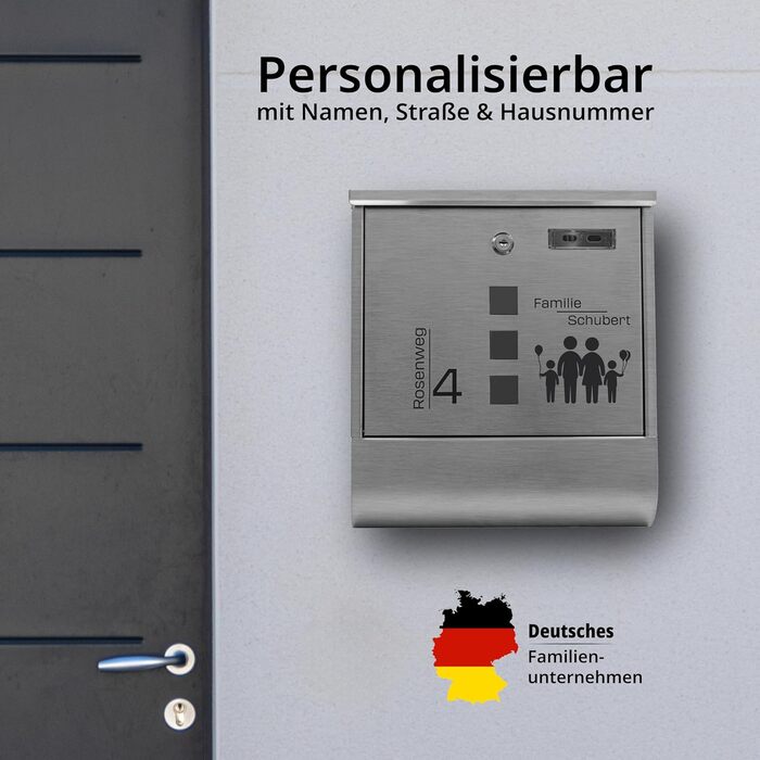 Поштовий ящик Grafner з нержавіючої сталі, персоналізований з газетницею та 2 ключами. Гравіювання імені, вулиці та номера будинку. Комплект для монтажу (Сім'я 4)