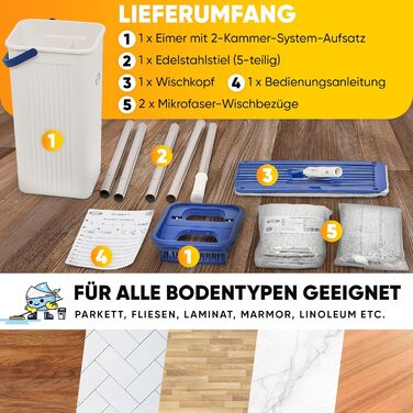 Набір для миття підлоги Formosa 2 з відром з двома відсіками | Плоский моп 360° з мікрофіброю | Віджим без рук + 2 змінні насадки