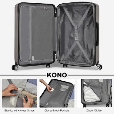 Чемодан-тележка KONO з розширенням, жорсткий корпус, XL, з TSA-замком та 4 колесами, 75x47.5x29.5 см, сірий