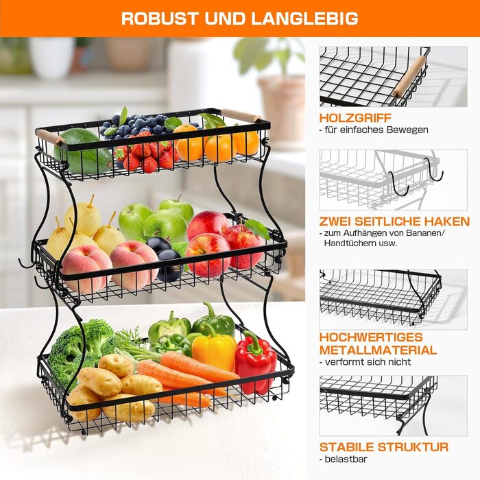 Металева фруктова корзина GMISUN з 3 ярусами та підставкою для бананів, чорна, сучасний дизайн. Підходить для зберігання фруктів, овочів та закусок. Велика місткість, 3 яруси.
