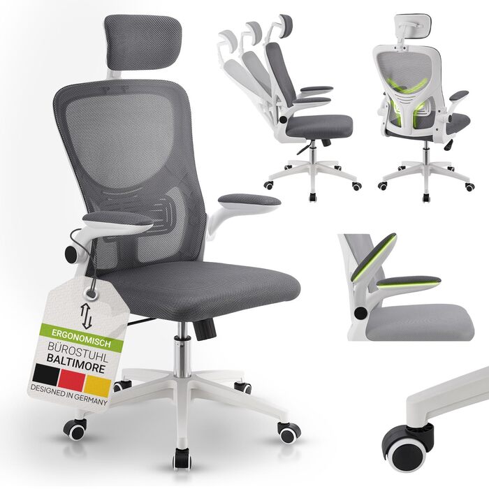 Офісний стілець Juskys Baltimore з роликами та підлокітниками - ергономічний, регульований по висоті - для кабінету, поворотний - сірий