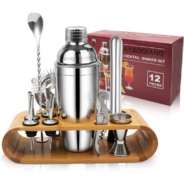 Cocktail Set, Stainless Steel Cocktail Shaker Bar Set, 12-Piece Cocktail Mixer Set with Wooden Stand, Measuring Cups and Bar Spoon, 750ml Shaker Cocktail Set for Home or Bar