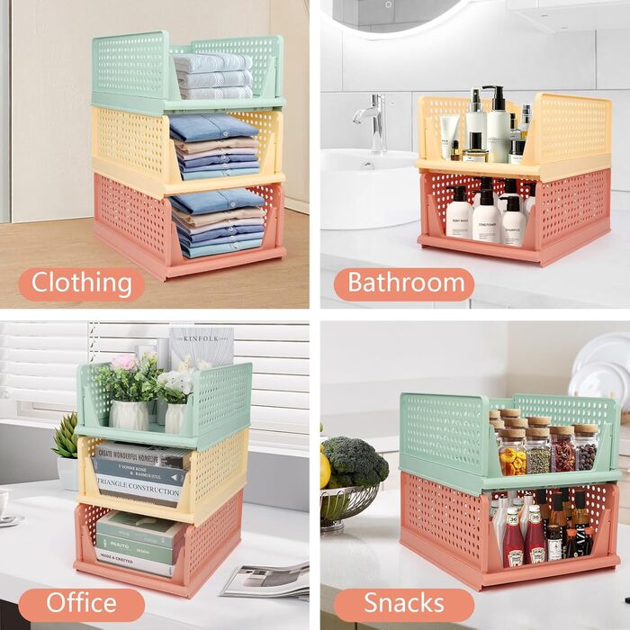 Diealles Stackable Drawer Boxes, 4 Pack Closet Organizer Pull Out, Plastic Drawer Insert Closet, Foldable Closet Drawers for Clothes Closet Pantry(White) (8 Pack Color)