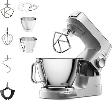 Кухонна машина Kenwood Titanium Chef Baker KVC85.004SI з вбудованими вагами, 1200 Вт, 2 чаші (5 л та 3,5 л), набір для кондитерських виробів, плавне регулювання швидкості, срібляста
