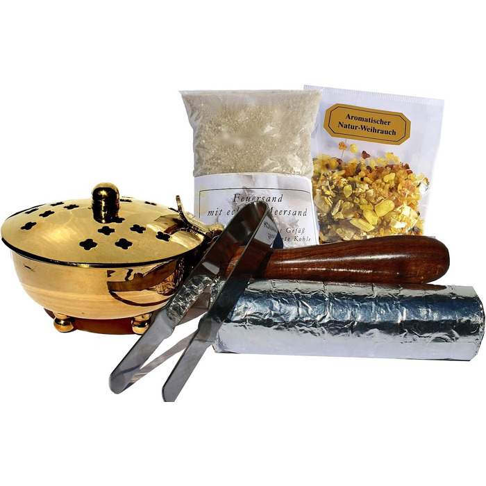 Smoking Pan Set, 5-Piece - Incense Burner for Burning Incense, Resins, including Incense, Charcoal, Sand, Tongs (Gold/Brass)