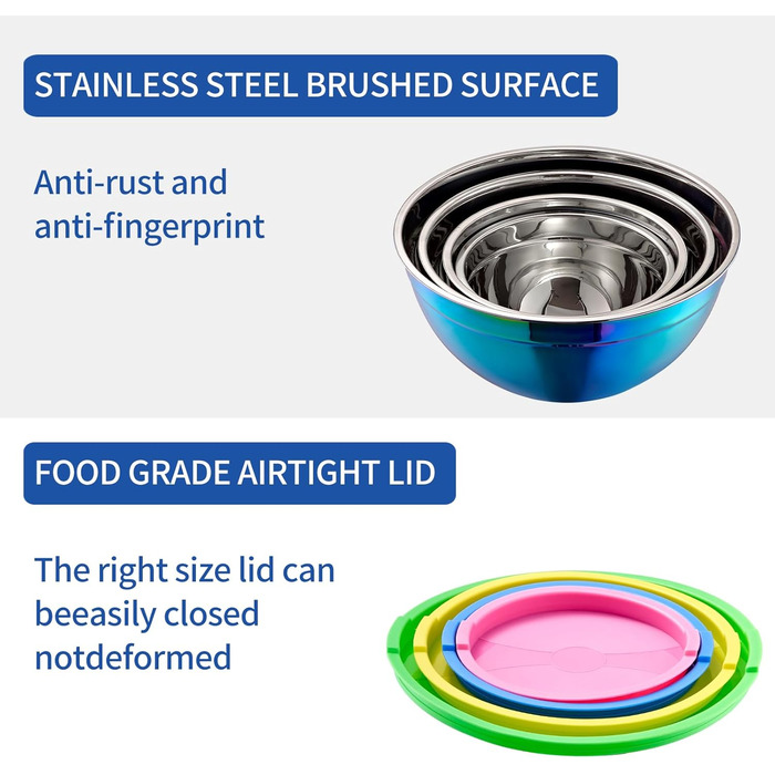 Набір змішувальних мисок Onlycooker Rainbow з кришкою, 18/10 нержавіюча сталь, 4 шт., 1.5, 2.1, 3.6, 5.5 л, для салатів та приготування їжі