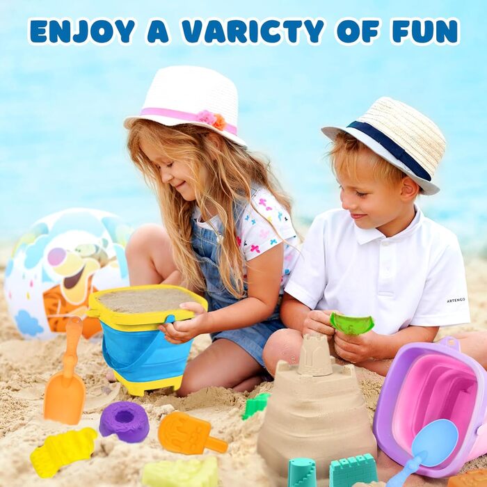 HOVIBU Beach Sand Toy for Kids, 35 Piece Beach Toy Set with Sand Shovel, Folding Bucket, Sand Molds, Mesh Bag Beach, Sandbox Toy Gifts for 3+ Years Girls Boys