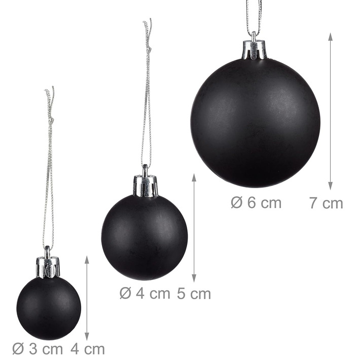 Relaxdays Christmas Baubles, Set of 100, Christmas Decoration, Matte, Glossy, Glittering, Christmas Tree Balls ∅ 3, 4 & 6 cm, Black, 10027269_46