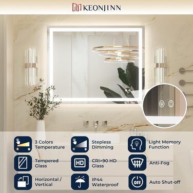 Дзеркало для ванної кімнати Keonjinn з підсвічуванням, чорний металевий каркас 60x80 см, LED, антизапар, сенсорне керування, 3 кольори світла, регулювання яскравості, пам'ять, настінне дзеркало