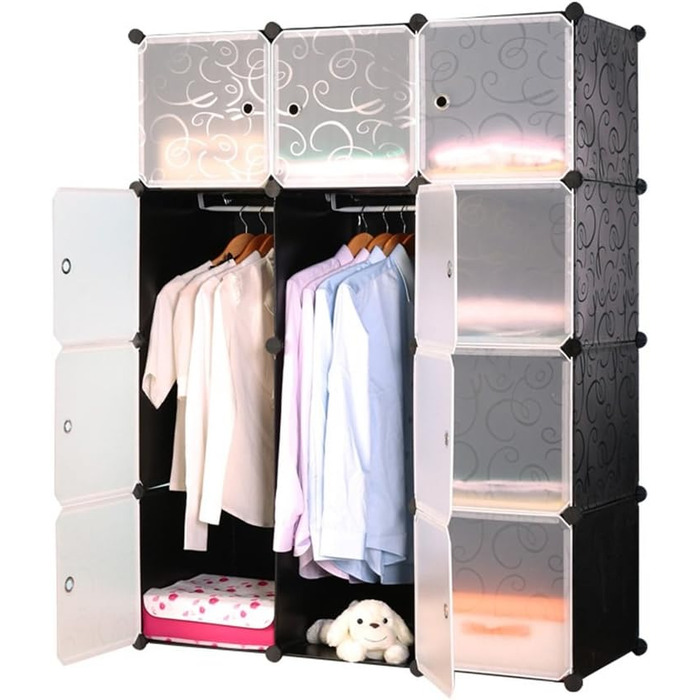 HENGMEI DIY Closet Wardrobe Storage Shelf System Shelf System 12-Cube Organization System Shoe Cabinet Closet with Door (Black)