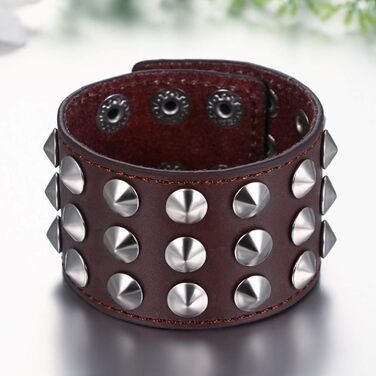 Чоловічий широкий браслет з натуральної шкіри JewelryWe в стилі панк-рок з заклепками та ланцюгом. Чорний/коричневий, чорні заклепки та ланцюг (коричневий, срібло)
