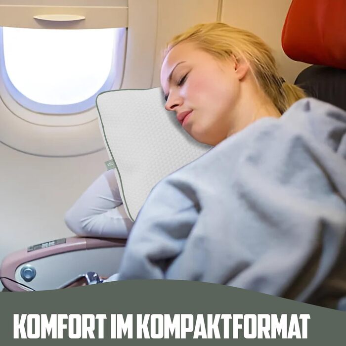 HERZtal Travel Pillow – Ergonomic Neck Support Pillow for Travel, Compact and Comfortable Pillow for Airplane, Car, and Office – Includes Carrying Bag