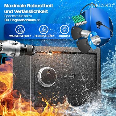 Електронний сейф KESSER® з відбитком пальця та замком | З резервним акумулятором | Сейф для підлоги, стіни, меблів | Чорний | 3-х болонцева замикання