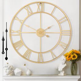 Mee 2ou Wall Clock Modern Nearly Silent Without Ticking Sounds - Diameter Roman Numerals Wall Clocks Modern Living Room Wall Clock Vintage For Bedroom Kitchen Office Country House Style Industrial Style (40CM, Gold)