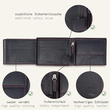 LEDEROW Wallet for Men Leather Black-Red - Crossbody Wallet including Gift Box - Men's Portofolio RFID Protection with Coin Pocket - Wallet Purse Leather Man Large (Black-Red)