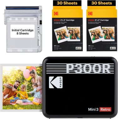 Фотопринтер KODAK Mini 3 Retro: портативний друк 7,6x7,6 см + 68 аркушів, чорний