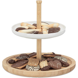 Relaxdays Bamboo and Ceramic Tiered Serving Tray, 2-Tier, Diameter x Height: 25 x 25 cm for Cookies, Fruit, Snacks, natural-white
